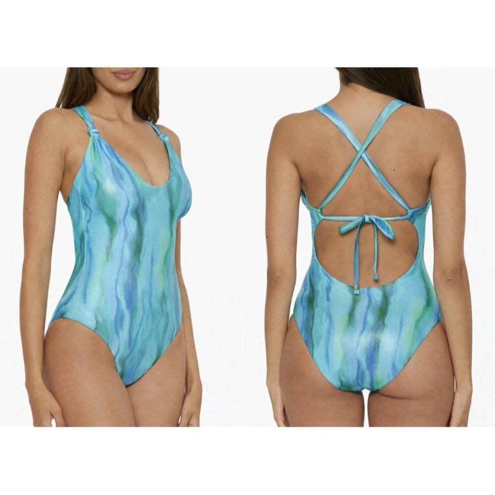 Becca Womens Solar Energy Cross Back One Piece Swimsuit Peacock Blue L NEW $148